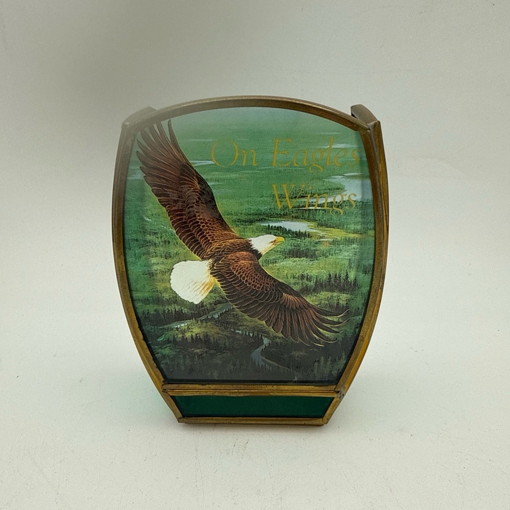 Enesco Stained Glass w/ brass Panel Candle Holder Bald Eagle on Eagles Wings